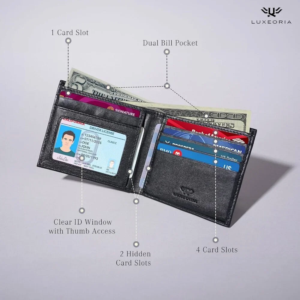 Men's Fashion Genuine Leather Slim Bifold Black Wallet Card Stylish Blocking
